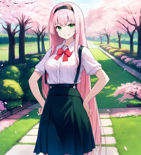 (artwork), (masterpiece), (amazing work), (masterpiece), (extremely detailed CG 8k unit wallpaper), <lora:GoodHands-vanilla:0.3>, <lyco:rizento-15:0.3>, absurdly long hair, (pink hair:1.1), very long hair, straight hair, (medium breasts:1), (bangs:1.1), (black hairband:1.0), <lora:HatsuCounterfeit:0.45>, green eyes, standing, garden, cherry blossoms, hands on hips, suspender skirt, white shirt, red bowtie, skirt