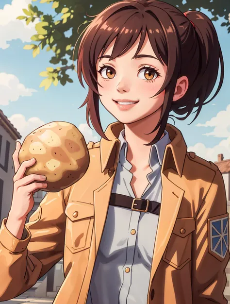 (masterpiece, best quality:1.2), upper body, solo, 1girl, sasha braus, smile, looking at viewer, holding potato, potato, smile, paradis military uniform, jacket <lora:aot_sasha:0.7>