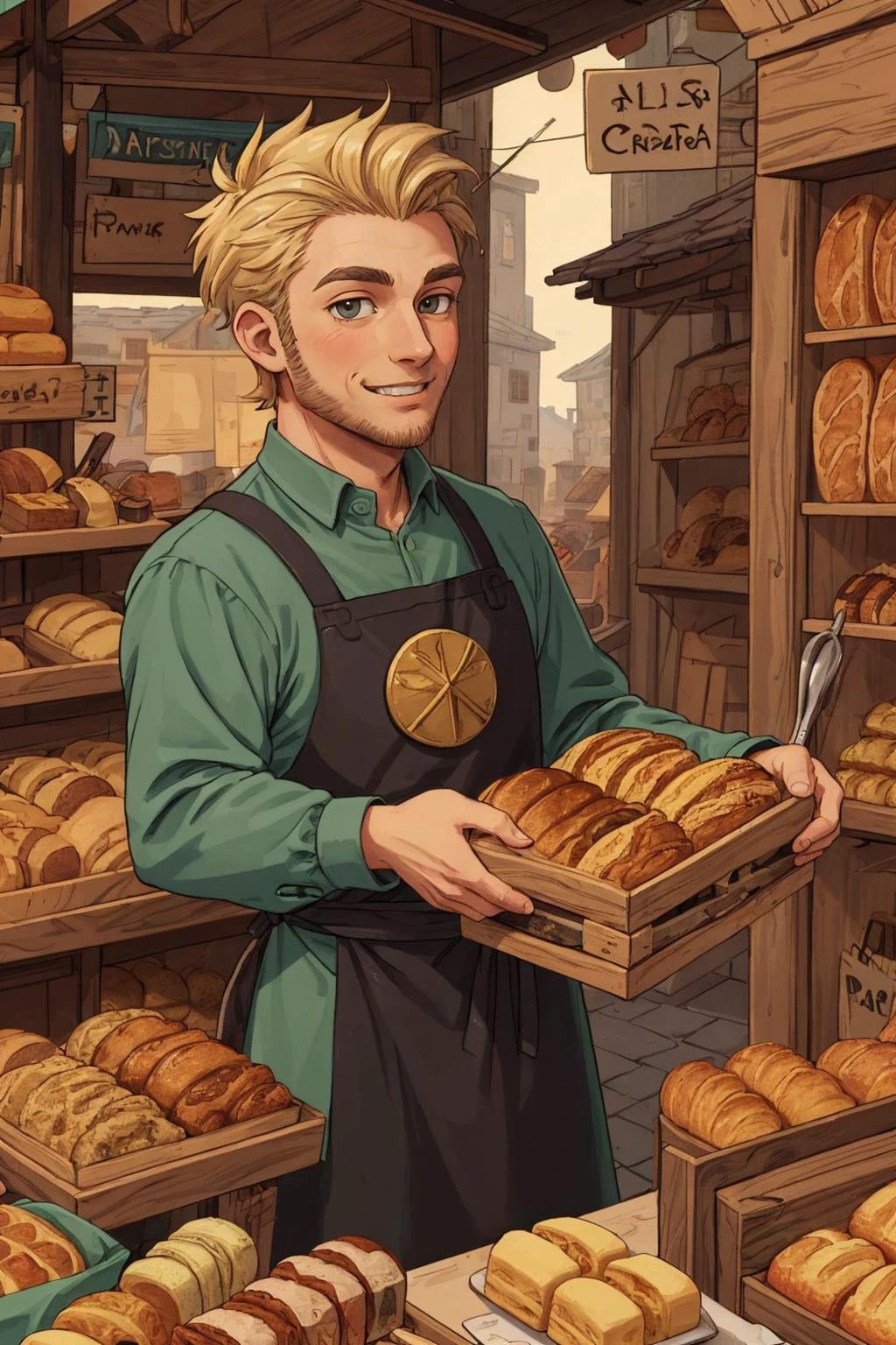 (masterpiece:1.1), (highest quality:1.1), ultra-high quality, HDR, (ultra detailed original illustration), glitch, <lora:add_detail:0.5>,
(1man, thin adult polish male:1.2), hazel eyes, blonde hair, fade with sideburns,
looking up, solo, half shot, detailed background, detailed face, (renaissance theme:1.1), greedy smile, merchant, (dark green:0.8) leather merchant clothes, apron, pouches, busy (medieval market stall:1.1), (boxes:0.8), (storage baskets:0.8), (shelves:0.8), selling wide variety of baked goods, bread, croissant, cookies, scones, pies, baguettes, glittering coins,
<lora:3DMM_V12:0.25>, 3DMM,