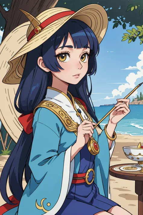1girl, grand Painting, intricate background, wide shot of a slight Oriental ([Thetis|Dragonborn]:1.3) , Thetis is very Sweltering and Stunning, she is from the Age of Sail, she is feeling very confused, she is Playing in an orchestra, dressed in Alien [Dandong|Wide-brimmed hat], her hair is Collectable and styled as Bowl cut, she has a Warm Libyan Blue Fitness Tracker, Voluminous monocle, Alien beach and trees, Winter, Wide view, Anime screencap, Wonder, Sleepycore, Indirect light, Fish-eye Lens, Ambrotype, stylized, Magic the gathering, pale skin, intricate detailed face, award winning, arthouse, (stylized by Gerda Taro:0.8)
