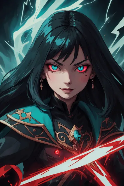 (masterpiece:1.1), (highest quality:1.1), ultra-high quality, (ultra detailed original illustration), fusion of fluid abstract art, (original illustration composition), (fusion of limited color, maximalism artstyle, geometric artstyle),
<lora:add_detail:0.5>,
1 girl, adult (elven:0.7) woman, teal eyes, black hair flaps,
portrait, solo, half shot, detailed background, detailed face, (<lora:VampiricTech:0.6>, vamptech theme:1.1), malicious smirk , (glowing eyes:1.1), (card-wizard:1.05), swindler, black magician outfit, dynamic pose, (cards floating in the air:1.15), glowing magical symbols, <lora:LightingVFX:0.2>, lightning in background, updraft, ethereal atmosphere,