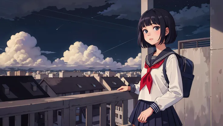 ((masterpiece,best quality)),1girl, solo, school uniform, serafuku, sky, cloud, black hair, skirt, sailor collar, looking at viewer, short hair, building, bangs, neckerchief, long sleeves, cloudy sky, power lines, shirt, cityscape, pleated skirt, scenery, blunt bangs, city, night, black sailor collar, closed mouth, black skirt, medium hair, school bag , holding bag