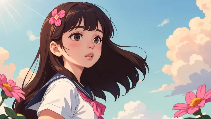 (masterpiece, best quality),1girl, solo, flower, long hair, outdoors, letterboxed, school uniform, day, sky, looking up, short sleeves, parted lips, shirt, cloud, black hair, sunlight, white shirt, serafuku, upper body, from side, pink flower, blurry, brown hair, blue sky, depth of field