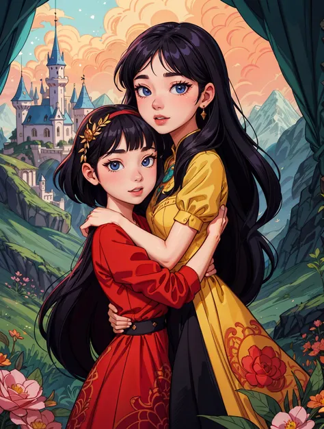 two princesses hugging, digital painting, dreamlike, face focus, looking at viewer, intricate details, sharp focus, trending on artstation, art by lois van baarle and loish and ross tran and rossdraws and sam yang and samis arts and artgerm, pixar, disney, dreamworks style, surrounded by magic on a dreamlike mountain, rendered in intricate detail in a digital painting with sharp focus, inspired by tales and animated s from pixar, Disney, and dreamworks, and created by the talented artists lois van baarle, Loish, Ross Tran, Rossdraws, sam yang, samis arts, and artgerm, Trending on Artstation, this artwork is sure to capture hearts with its delightful charm, <lora:add_detail:0.7> <lora:epiNoiseoffset_v2-pynoise:1.5>