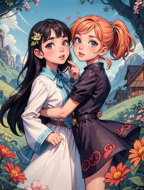 two girls kissing from below in an (enchanted:1.3) (magical:1.3) (garden), (surrounded by flowers), digital painting, dreamlike, face focus, looking at viewer, intricate details, sharp focus, trending on artstation, art by lois van baarle and loish and ross tran and rossdraws and sam yang and samis arts and artgerm, pixar, disney, dreamworks style, surrounded by magic on a dreamlike mountain, rendered in intricate detail in a digital painting with sharp focus, inspired by tales and animated movies from pixar, Disney, and dreamworks, and created by the talented artists lois van baarle, Loish, Ross Tran, Rossdraws, sam yang, samis arts, and artgerm, Trending on Artstation, this artwork is sure to capture hearts with its delightful charm, <lora:add_detail:0.9>