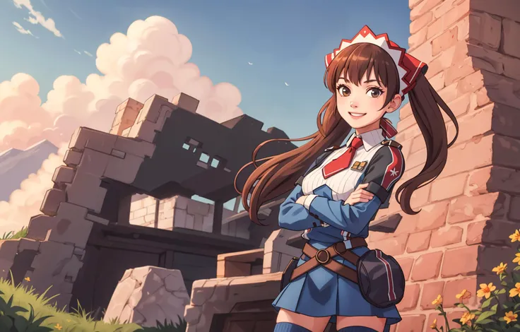 (best quality, masterpiece:1.2),1girl, solo, 1girl, alicia melchiott, smile, looking at viewer, crossed arms, twintails, headdress, military uniform, necktie, thighhighs, <lora:valkyriachronicles_melchiott:0.7>