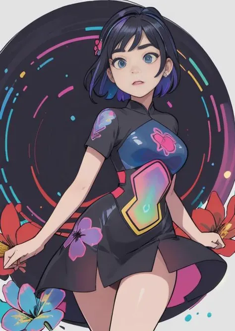 masterpiece, hyperdetailed, adult, mature, woman, short hair, voluptuous, ((tight dress:1.1)), flat colors, vivid colors, (wind blows:1.421),(blue, red, pink, flower clusters: 1.6532),(looking at viewer) Deep view,(lights:1.1), , (blue, red, pink, flower clusters: 1.6532), (wearing a black qipao dress:0.9), playful face, vibrant eyes, <lora:add_detail:0.6>, (iridescence holographic Clothing:1.3) <lora:iridescence_holographic_Clothing:0.8> <lora:planet_Simulator_style_Lora:0.2> <lora:LowRa:0.3>