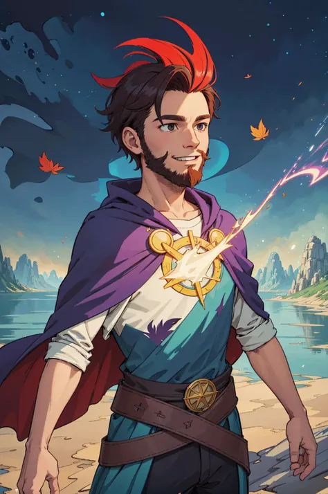 (best quality:1.1),original,1boy,male oracle,looking away,smile,cape,(windy:1.1),epic fantasy,lakeside,sunlight,scenery,(dust particles:1.1),leaves,(cinematic:1.1),(abstract:1.5),(surreal:1.5),beard,dynamic pose,bright