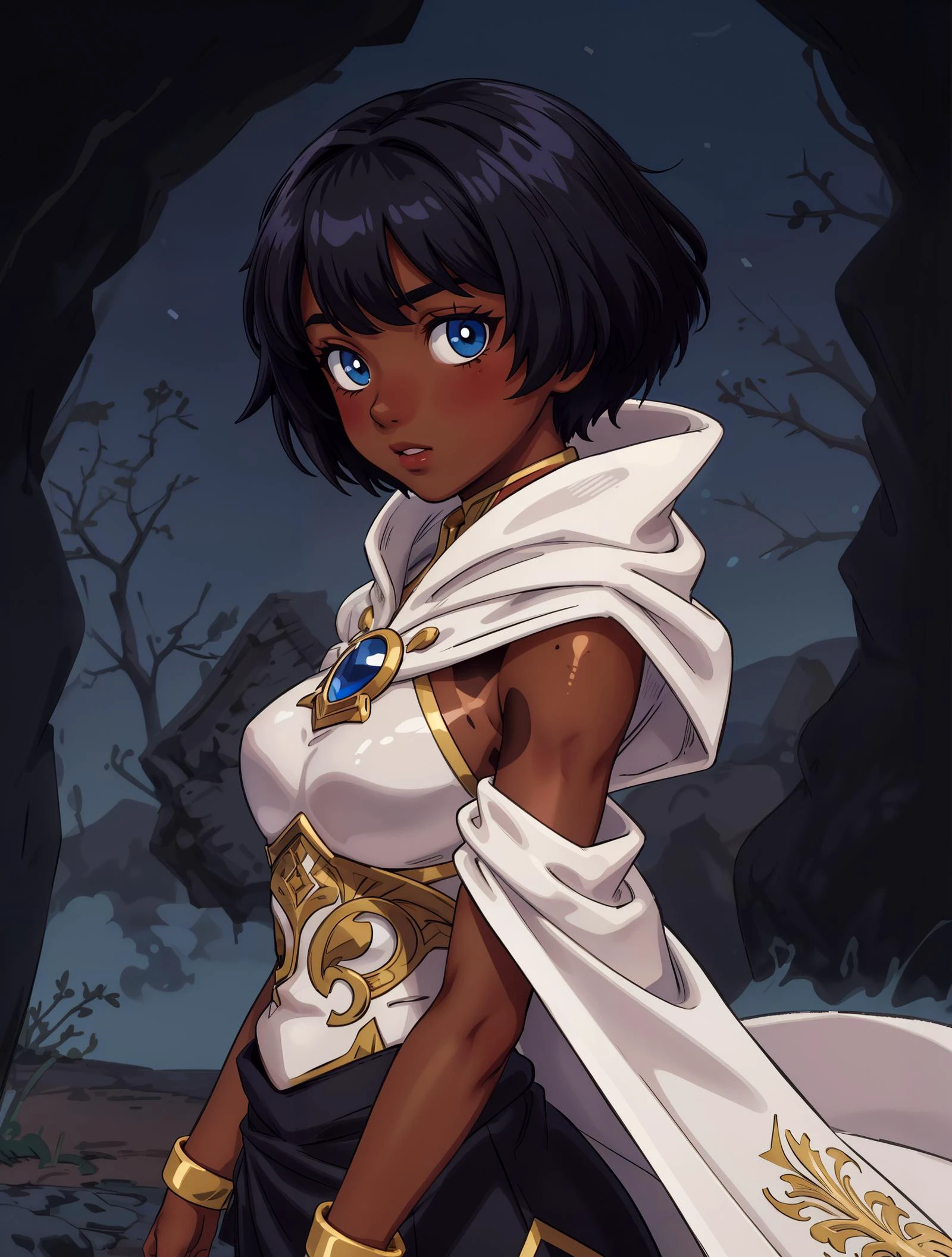 (((dark tanned skin))), anime, sermer, short black hair, a woman in a medieval outfit, white cloak, blue eyes, masterpiece, smooth soft skin, big dreamy eyes, beautiful intricate colored hair, symmetrical, anime wide eyes, solo, <lora:sermer:0.5> <lora:add_detail:0.7> <lora:epiNoiseoffset_v2-pynoise:0.7>