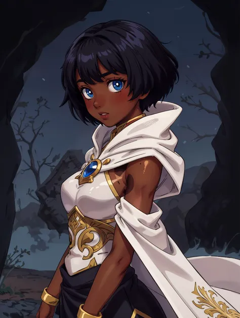 (((dark tanned skin))), anime, sermer, short black hair, a woman in a medieval outfit, white cloak, blue eyes, masterpiece, smooth soft skin, big dreamy eyes, beautiful intricate colored hair, symmetrical, anime wide eyes, solo, <lora:sermer:0.5> <lora:add_detail:0.7> <lora:epiNoiseoffset_v2-pynoise:0.7>