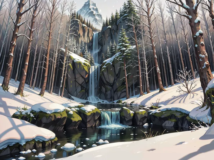 waterfall in a forest, frozen, snow, ice, fantasy, hdr, (soft light, sharp:1.2), <lora:add_detail:0.4>, <lora:epiNoiseoffset_v2-pynoise:1.5>,