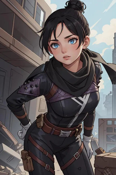 (masterpiece, best quality),  intricate details,
1girl,   <lora:wraith_(apex_legends):0.8> wraith (apex legends), single hair bun, hair bun, bodysuit, scarf, black bodysuit, holding, breasts, black hair, black scarf, large breasts, blue eyes, belt, brown belt, bangs, parted bangs, hair behind ear, gloves, nose piercing, black gloves, thigh strap,
ruined skyscraper, debris, post-apocalypse, arms behind back, leaning forward,