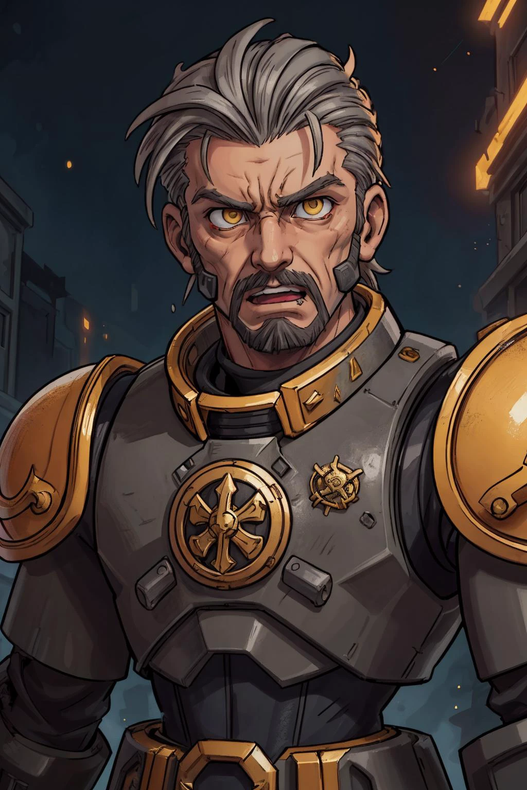 (masterpiece:1.1), (highest quality:1.1), ultra-high quality, (ultra detailed original illustration), <lora:add_detail:0.5>,
(1man, old irish male:1.2), wise, yellow eyes, gray hair, fade with goatee,
solo, upper body, looking down, detailed background, detailed face, (warhammer 40k theme:1.1), warhammer 40k space marine, face, adeptus astartes, wearing gray power-armor, battle-worn equipment, power-fist (skull:0.7) themed symbols, tabard, genetically enhanced, war-cry, dynamic pose, psyker powers, psychic aura, dark angels legion, dark dystopian lighting, hive world in background, grim-dark atmosphere,
<lora:XenoDetailer:0.5>,
