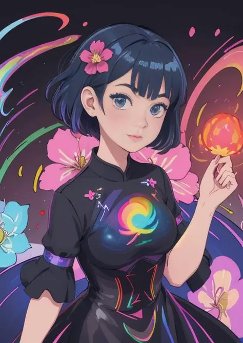 masterpiece, hyperdetailed, adult, mature, woman, short hair, voluptuous, ((tight dress:1.1)), flat colors, vivid colors, (wind blows:1.421),(blue, red, pink, flower clusters: 1.6532),(looking at viewer) Deep view,(lights:1.1), , (blue, red, pink, flower clusters: 1.6532), (wearing a black qipao dress:0.9), playful face, vibrant eyes, <lora:add_detail:0.6>, (iridescence holographic Clothing:1.3) <lora:iridescence_holographic_Clothing:0.8> <lora:planet_Simulator_style_Lora:0.2> <lora:LowRa:0.3>