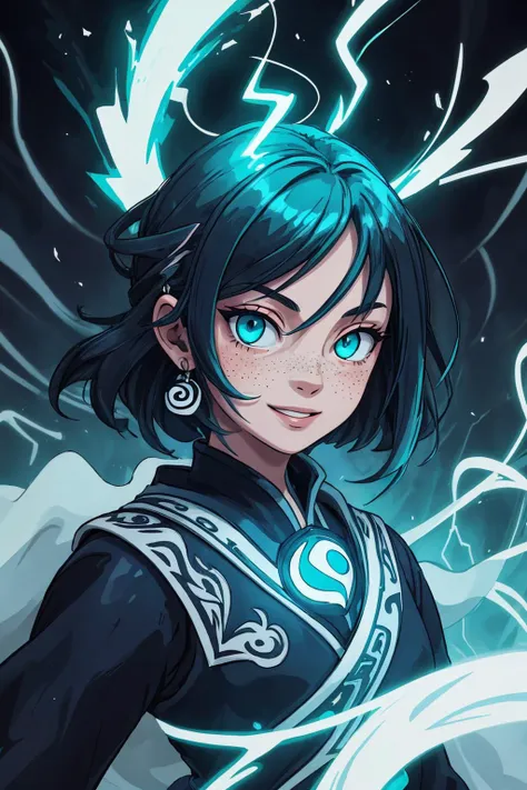 (masterpiece:1.1), (highest quality:1.1), ultra-high quality, (ultra detailed original illustration),
<lora:add_detail:0.5>,
1 girl, adult woman, freckles, teal eyes, yellow razor cut hair,
portrait, solo, (full body:0.6), detailed background, detailed face, (<lora:YinYangTech:0.6>, electric flow, yinyangtech theme:1.1), smirk, (glowing eyes:1.1), (card-wizard:1.05), swindler, blue magician outfit, dynamic pose, (cards floating in the air:1.15), glowing magical symbols, <lora:LightingVFX:0.2>, lightning in background, updraft, ethereal atmosphere,