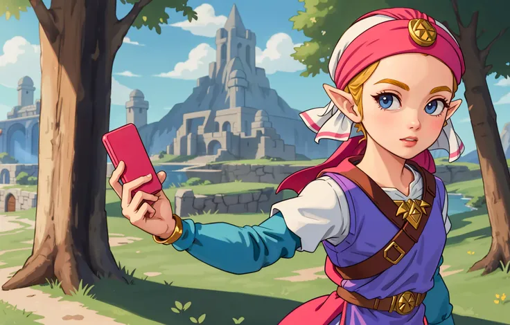 masterpiece, best_quality, 1girl, solo, princess zelda, nintendo, the legend of zelda, oot, young zelda, outdoors, looking at viewer, <lora:young_zelda_v1:0.6>