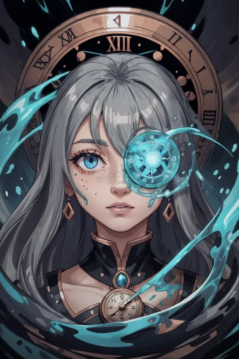 (masterpiece:1.1), (highest quality:1.1), ultra-high quality, (ultra detailed original illustration), glitch, (original illustration composition), (fusion of limited color, maximalism artstyle, geometric artstyle), <lora:add_detail:0.5>,
1 girl, adult (elven:0.7) woman, freckles, grey-blue eyes, copper fringe hair,
Style-GravityMagic, portrait, solo, half shot, looking up, detailed background, detailed face, (<lora:ChronomancyAI:0.5>, ChronomancyAI, chronomancy theme:1.1), mercury-wizard, melancholic, surrounded by splashes of swirling mercury, alchemical symbolism,controlling mercury with magical abilities, heavy metallic liquid, reflections, silver-colored fluid, slippery, fluid movement, droplets of mercury, elegance, mercurial haze, underground dungeon in background, flowing mercury formations, volumetric lighting, epic atmosphere,