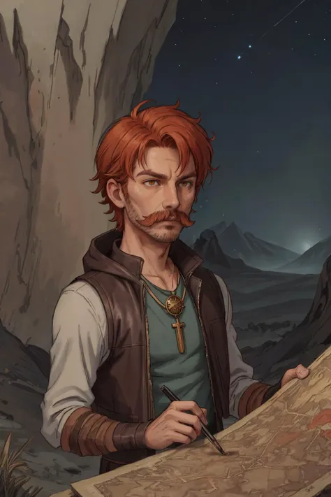 (masterpiece:1.1), (highest quality:1.1), ultra-high quality, HDR, (ultra detailed original illustration), fusion of fluid abstract art, glitch, <lora:add_detail:0.5>,
(1man, thin adult welsh male:1.2), amber eyes, ginger hair, short mustache,
portrait, solo, half shot, detailed background, detailed face, ( (DarkFantasy:0.8), dark fantasy theme:1.1), adventurer, spelunking, determined, leather clothes, vest, bandana, pendant, treasure map, cold arctic landscape background, dust, nighttime, starlit sky,, ominous, epic atmosphere,
<lora:kittew_v0.1:0.8>,