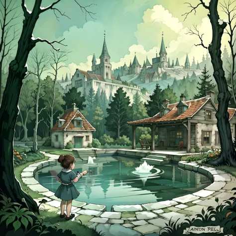 (masterpiece, top quality, best quality, official art, beautiful and aesthetic:1.2), a small girl by a pool in a dark forest, Anton Pieck style <lora:Anton_Pieck_Style:1.0>