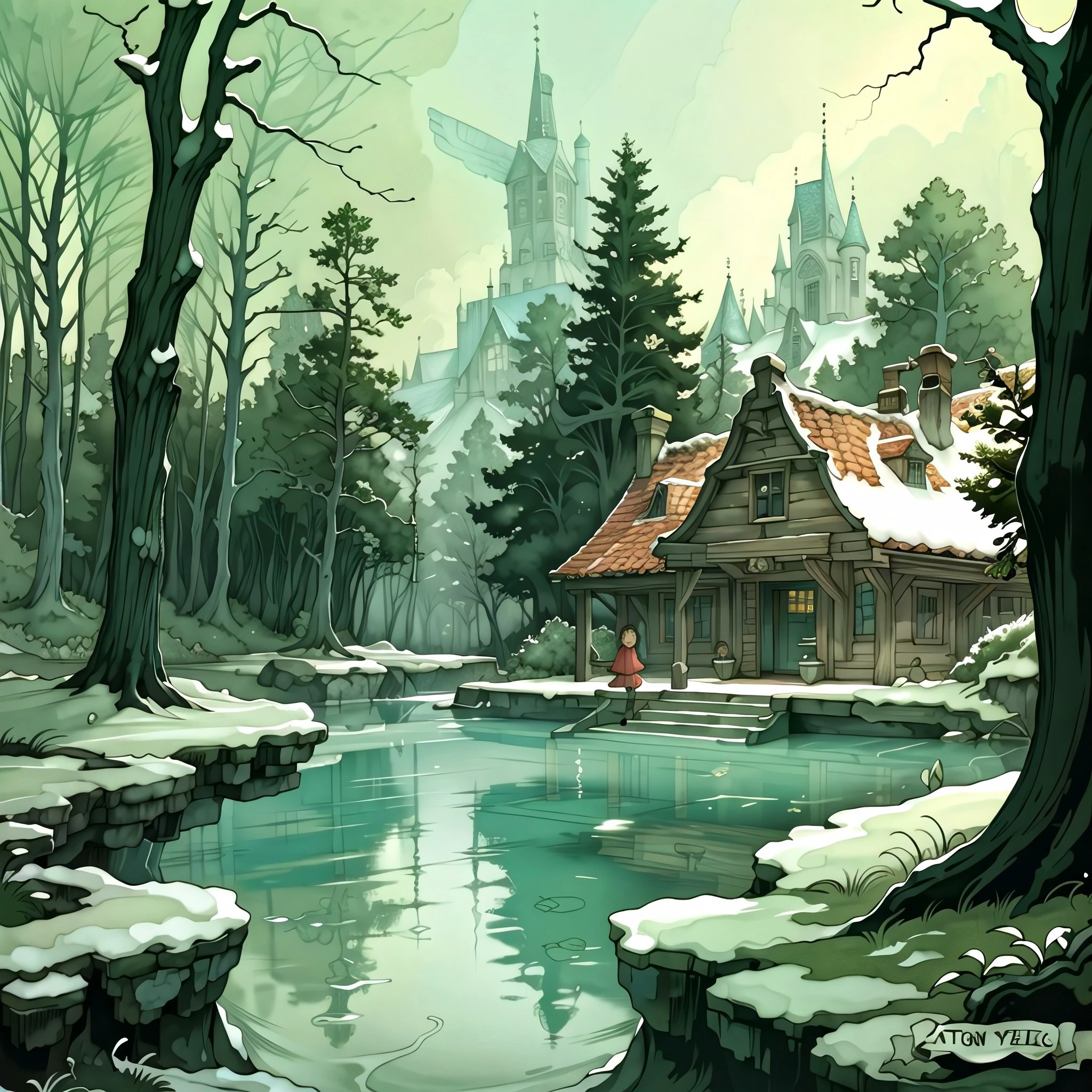(masterpiece, top quality, best quality, official art, beautiful and aesthetic:1.2), a girl by a pool in a dark forest, Anton Pieck style <lora:Anton_Pieck_Style:1.0>