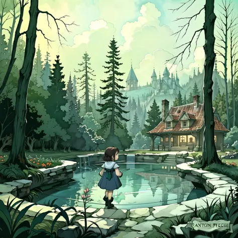 (masterpiece, top quality, best quality, official art, beautiful and aesthetic:1.2), a small girl by a pool in a dark forest, Anton Pieck style <lora:Anton_Pieck_Style:1.0>