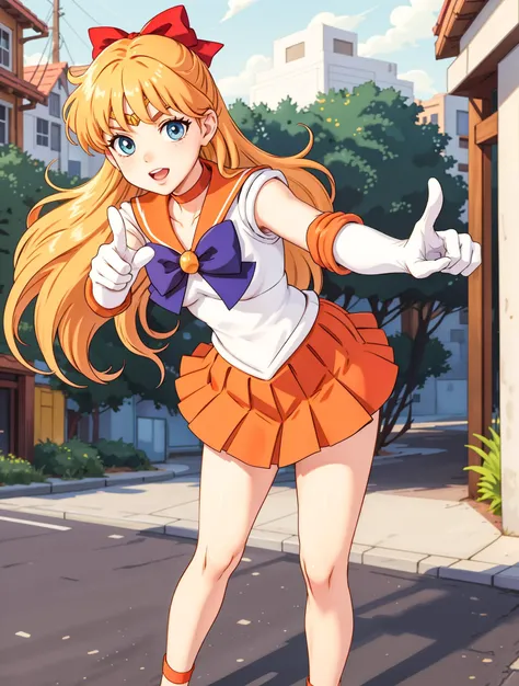 masterpiece, best quality, highres, sv1, sailor senshi uniform, orange skirt, elbow gloves, tiara, pleated skirt, miniskirt, red bow, orange choker, white gloves, jewelry, outdoors, street, cowboy shot, leaning forward, pointing at viewer, <lora:sailor_venus_v1:0.7>