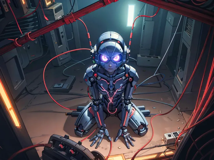 (masterpiece, top quality, best quality, official art, beautiful and aesthetic:1.2), (1girl:1.3), extreme detailed,colorful,highest detailed ((ultra-detailed)), (highly detailed CG illustration), ((an extremely delicate and beautiful)),(from above:0.4),cinematic light,((mechanical girl)),solo,full body,(machine made joints:1.2),((mechanical limbs)),(mechanical vertebra),((mechanical cervial )),((crouching)), (from below:0.4), ((( solo))),(wires and cables attaching to body:1.1), glass armor, translucent, (wires and cables on head:1.1)(face focus),science fiction, glowing eyes, looking at viewer, <lora:add_detail:0.4>,