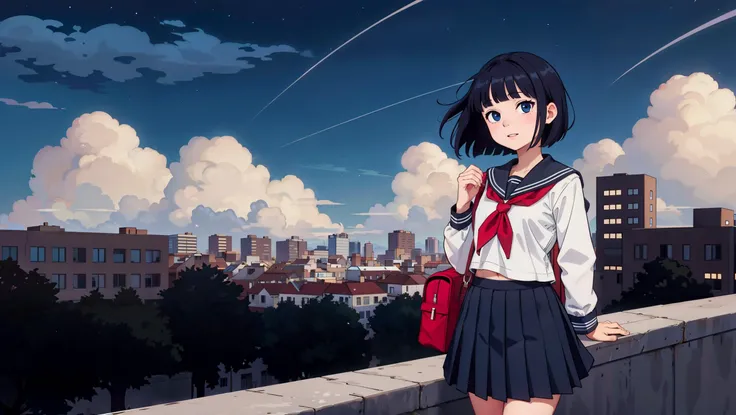 ((masterpiece,best quality)),1girl, solo, school uniform, serafuku, sky, cloud, black hair, skirt, sailor collar, looking at viewer, short hair, building, bangs, neckerchief, long sleeves, cloudy sky, power lines, shirt, cityscape, pleated skirt, scenery, blunt bangs, city, night, black sailor collar, closed mouth, black skirt, medium hair, school bag , holding bag