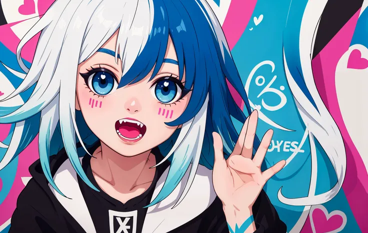 masterpiece, high quality, highres, absurdres, ultra-detailed, detailed eyes, 8k, 1girl, colorful eyes, fangs, open mouth, blue eyes, bangs, colorful background, (graffiti mural walls background), looking at viewer, vibrant, contrast, blue hair, white hair, gradient hair, happy, high five, heart symbols