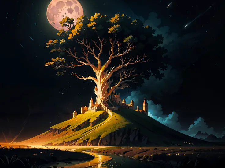 The moonlight shines down upon it, bringing with it swirling magical lights, the forbidden tree, dynamic lighting, photorealistic fantasy concept art, trending on art station, stunning visuals, creative, cinematic, ultra detailed, (style-swirlmagic:0.5)