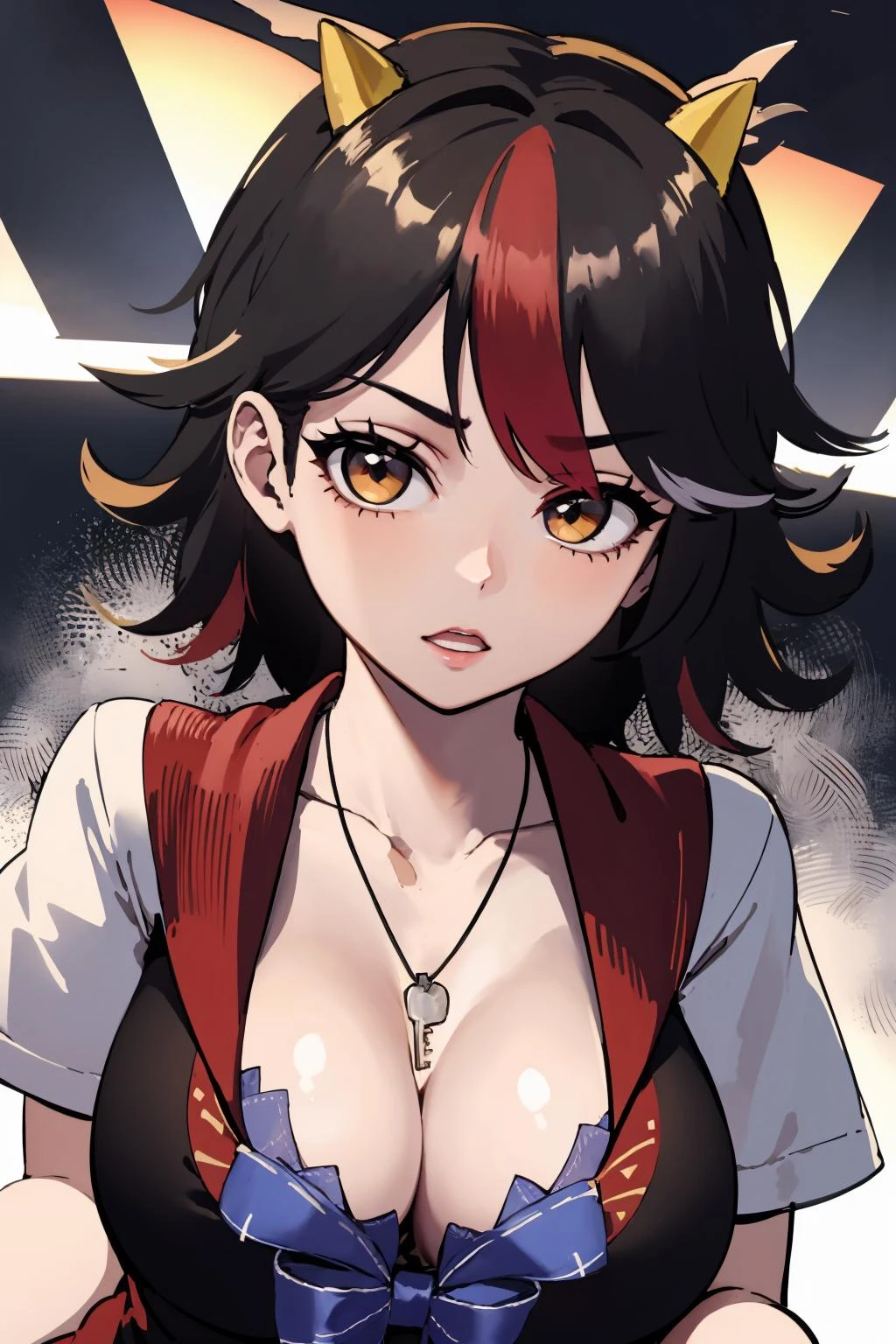 masterpiece,high quality,highres,1girl,solo,<lora:key-necklace-v6-wasabiya:1>,key necklace,upper body,<lora:seija-Wasabiya:1>, kijin seija,horns,streaked hair,dress,arrow (symbol),black hair,red hair,bow,short sleeves,bracelet, cleavage, large breasts,