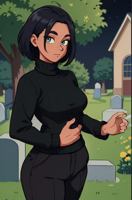 (cartoon illustration:1.3), simplified forms, vibrant colors, 2d cartoon style, extreme closeup photo of astor1a_n0texist standing in a graveyard at night, wearing a thick black sweater with a high neck, [headshot], [centre frame], looking at the camera, dynamic lighting, photorealistic, high detail, detailed, masterpiece, 8k, highres, flawless, colour, professional, mocha skin, upper body view, plaid blazer, turtleneck sweater, and straight-leg pants, green house filled with exotic plants, (masterpiece, best quality, absurdres, detailed, ultra-detailed:1.3), (high details, 8k:1.3)