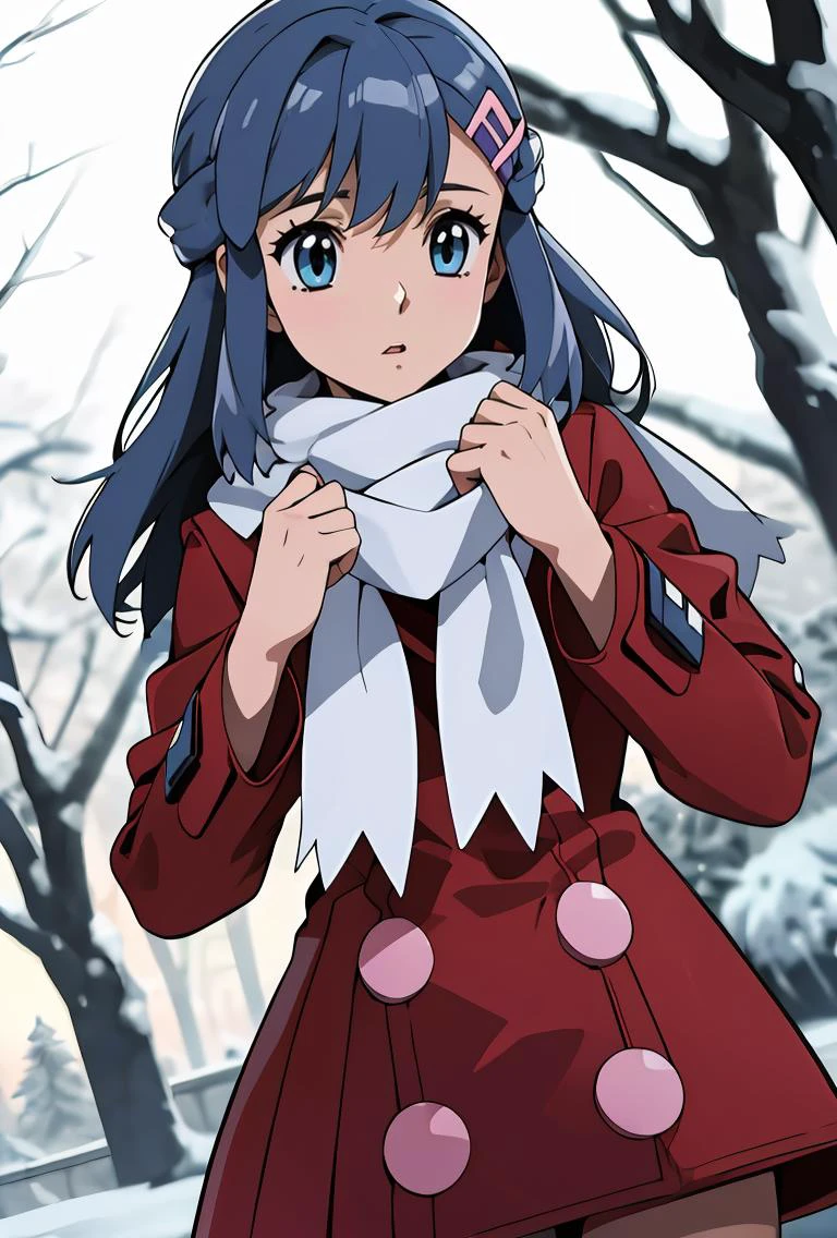 (masterpiece, best quality), 1girl, <lora:PKMN_Dawn_Coat_v1:1> pkmndawn, 1girl, solo, blue eyes, blue hair, long hair, bangs, sidelocks, hair ornament, hairclip, || winter clothes, red coat, winter coat, long sleeves, white scarf,
