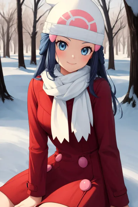 pkmndawn, 1girl, solo, blue eyes, blue hair, long hair, bangs, sidelocks, hair ornament, hairclip, beanie,
winter clothes, red coat, winter coat, long sleeves, white scarf,
smile,closed mouth,cowboy shot, sitting,
forest,outdoor,
(insanely detailed, beautiful detailed face, masterpiece, best quality) cinematic lighting,<lora:PKMN_Dawn_Coat_v1:1>, <lora:more_details:0.3>,