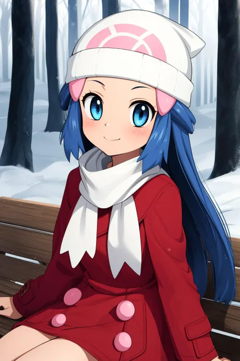 pkmndawn, 1girl, solo, blue eyes, blue hair, long hair, bangs, sidelocks, hair ornament, hairclip, beanie,
winter clothes, red coat, winter coat, long sleeves, white scarf, 
smile,closed mouth,cowboy shot, sitting,
forest,outdoor,
(insanely detailed, beautiful detailed face, masterpiece, best quality) cinematic lighting,<lora:PKMN_Dawn_Coat_v1:1>, <lora:more_details:0.3>,