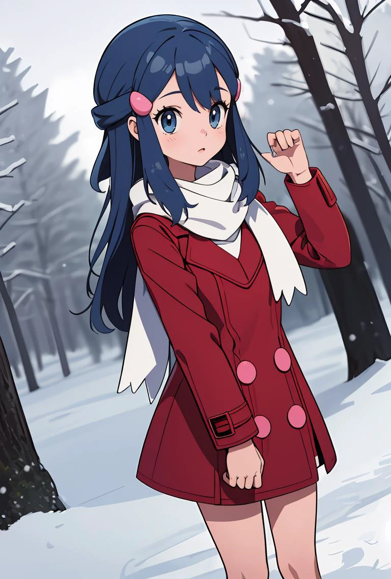 (masterpiece, best quality), 1girl, <lora:PKMN_Dawn_Coat_v1:1> pkmndawn, 1girl, solo, blue eyes, blue hair, long hair, bangs, sidelocks, hair ornament, hairclip, || winter clothes, red coat, winter coat, long sleeves, white scarf,