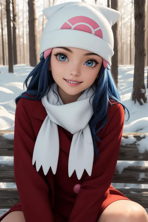 pkmndawn, 1girl, solo, blue eyes, blue hair, long hair, bangs, sidelocks, hair ornament, hairclip, beanie,
winter clothes, red coat, winter coat, long sleeves, white scarf, 
smile,closed mouth,cowboy shot, sitting,
forest,outdoor,
(insanely detailed, beautiful detailed face, masterpiece, best quality) cinematic lighting,<lora:PKMN_Dawn_Coat_v1:1>, <lora:more_details:0.3>,