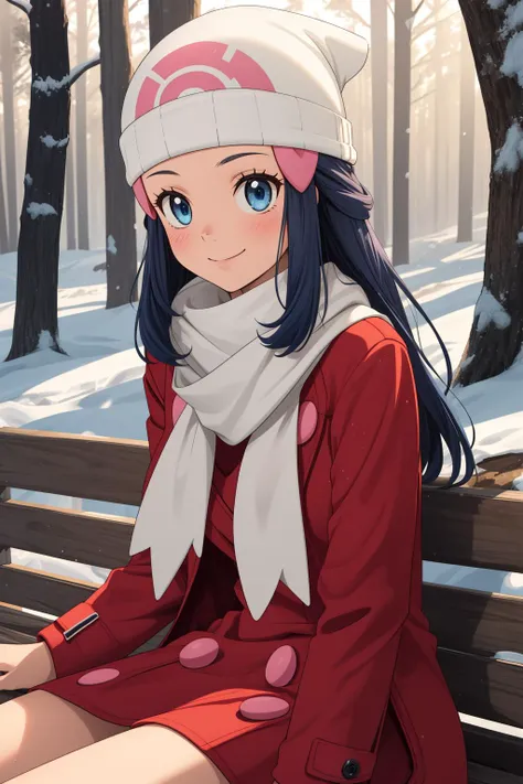 pkmndawn, 1girl, solo, blue eyes, blue hair, long hair, bangs, sidelocks, hair ornament, hairclip, beanie,
winter clothes, red coat, winter coat, long sleeves, white scarf, 
smile,closed mouth,cowboy shot, sitting,
forest,outdoor,
(insanely detailed, beautiful detailed face, masterpiece, best quality) cinematic lighting,<lora:PKMN_Dawn_Coat_v1:1>, <lora:more_details:0.3>,