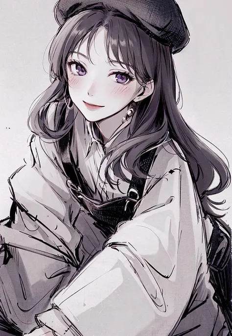 (best quality, masterpiece:1.2), 1girl, solo, 25-year-old, mature female, monochrome, half_body,
grey beret, long hair, light brown hair, (brown hair:0.6), purple eyes, blush, smile, looking at viewer, black overalls, white inner shirt, coffee,
<lora:half-closed eyes:0.2> <lora:koreanDollLikeness_v15:0.6> <lora:InkC-000012:0.8>