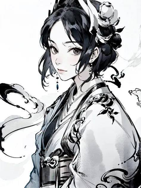 best quality, masterpiece, 
1girl,solo, ink paint, ink wash, white background, simple background, hanfu, short hair, taichi, 
 <lora:InkC:0.8>