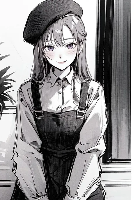 (best quality, masterpiece:1.2), 1girl, solo, 25-year-old, mature female, monochrome, half_body,
grey beret, long hair, light brown hair, (brown hair:0.6), purple eyes, blush, smile, looking at viewer, black overalls, white inner shirt, coffee,
<lora:half-closed eyes:0.3> <lora:InkC-000008:0.8> <lora:koreanDollLikeness_v15:0.6>