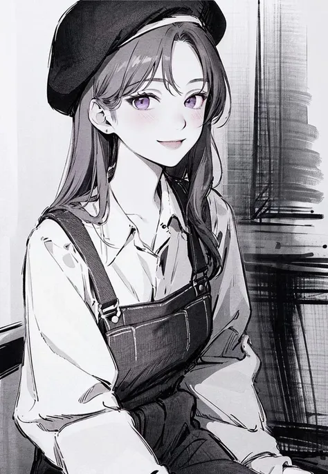 (best quality, masterpiece:1.2), 1girl, solo, 25-year-old, mature female, monochrome, half_body, 
grey beret, long hair,  light brown hair, (brown hair:0.6), purple eyes, blush, smile, looking at viewer, black overalls, white inner shirt, coffee,
 <lora:half-closed eyes:0.3> <lora:InkC-000008:0.8> <lora:koreanDollLikeness_v15:0.6>