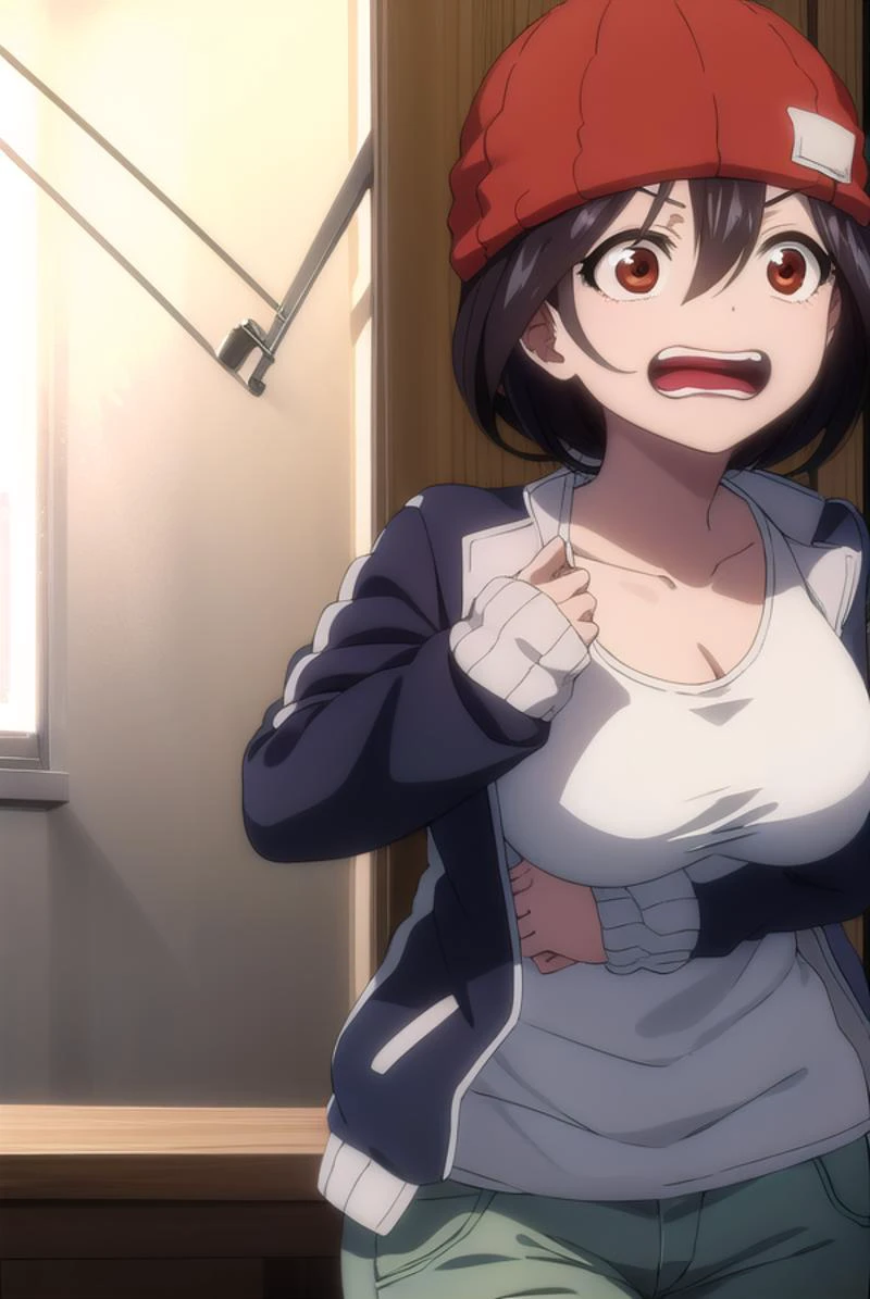 fuukoizumo, <lyco:fuukoizumo-lyco-nochekaiser:1>,
fuuko izumo, black hair, hair between eyes, (brown eyes:1.5), short hair, <lora:wavymouth_type3_v100:1>, open mouth,
BREAK shirt, white shirt, jacket, open jacket, pants, denim, beanie, (red beanie:1.2),
BREAK looking at viewer,
BREAK indoors, classroom, (cowboy shot:1.5),
BREAK <lyco:GoodHands-beta2:1>, (masterpiece:1.2), best quality, high resolution, unity 8k wallpaper, (illustration:0.8), (beautiful detailed eyes:1.6), extremely detailed face, perfect lighting, extremely detailed CG, (perfect hands, perfect anatomy),