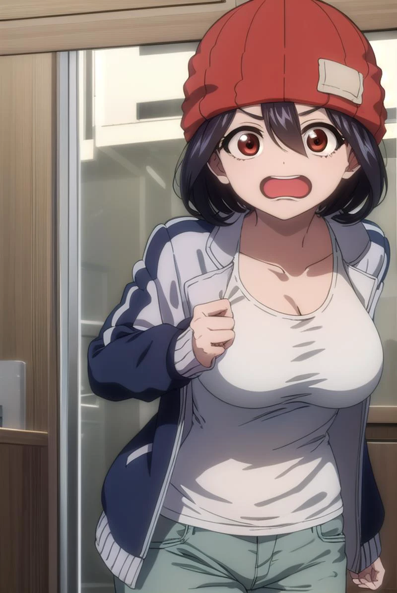 fuukoizumo, <lyco:fuukoizumo-lyco-nochekaiser:1>,
fuuko izumo, black hair, hair between eyes, (brown eyes:1.5), short hair, <lora:wavymouth_type3_v100:1>, open mouth,
BREAK shirt, white shirt, jacket, open jacket, pants, denim, beanie, (red beanie:1.2),
BREAK looking at viewer,
BREAK indoors, classroom, (cowboy shot:1.5),
BREAK <lyco:GoodHands-beta2:1>, (masterpiece:1.2), best quality, high resolution, unity 8k wallpaper, (illustration:0.8), (beautiful detailed eyes:1.6), extremely detailed face, perfect lighting, extremely detailed CG, (perfect hands, perfect anatomy),