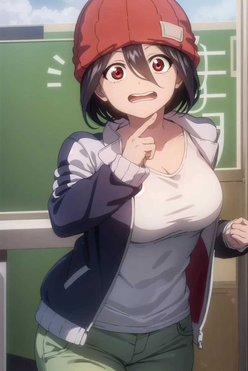 fuukoizumo, <lyco:fuukoizumo-lyco-nochekaiser:1>,
fuuko izumo, black hair, hair between eyes, (brown eyes:1.5), short hair, <lora:wavymouth_type3_v100:1>, open mouth,
BREAK shirt, white shirt, jacket, open jacket, pants, denim, beanie, (red beanie:1.2),
BREAK looking at viewer,
BREAK indoors, classroom, (cowboy shot:1.5),
BREAK <lyco:GoodHands-beta2:1>, (masterpiece:1.2), best quality, high resolution, unity 8k wallpaper, (illustration:0.8), (beautiful detailed eyes:1.6), extremely detailed face, perfect lighting, extremely detailed CG, (perfect hands, perfect anatomy),