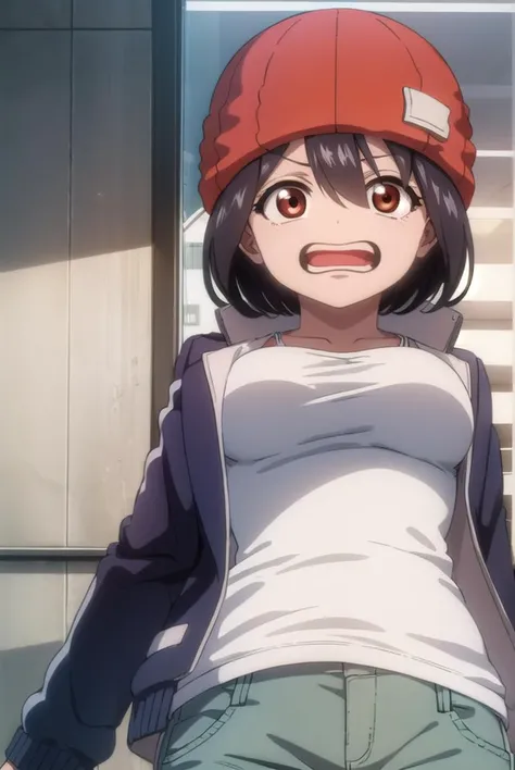 fuukoizumo, <lyco:fuukoizumo-lyco-nochekaiser:1>,
fuuko izumo, black hair, hair between eyes, (brown eyes:1.5), short hair, <lora:wavymouth_type3_v100:1>, open mouth,
BREAK shirt, white shirt, jacket, open jacket, pants, denim, beanie, (red beanie:1.2),
BREAK looking at viewer,
BREAK indoors, classroom, (cowboy shot:1.5),
BREAK <lyco:GoodHands-beta2:1>, (masterpiece:1.2), best quality, high resolution, unity 8k wallpaper, (illustration:0.8), (beautiful detailed eyes:1.6), extremely detailed face, perfect lighting, extremely detailed CG, (perfect hands, perfect anatomy),