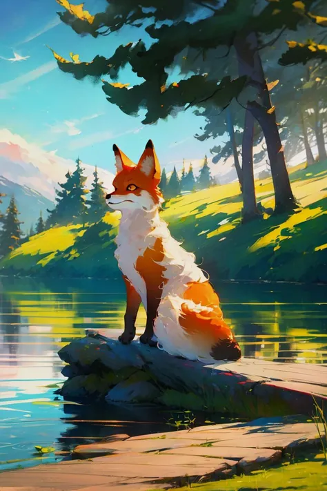 a fox sitting on the shore of a lake, at noon