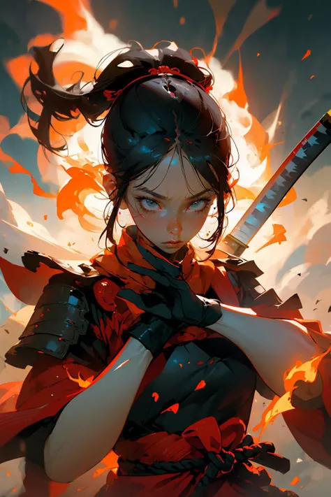 (best quality, masterpiece:1.3), 1girl, samurai, particle, wind, pose, upper body, katana, imminent attack, angry, flame