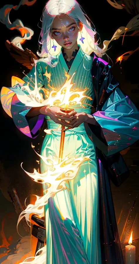 breathing_fire, burning, explosion, fiery_hair, fire, flame, flaming_sword, flaming_weapon, pyrokinesis, campfire, candle, smoke, torch, blue_fire, embers, 1boy, magic, molten_rock, tail-tip_fire, fiery_wings, hitodama, male_focus, japanese_clothes, katana, sword, smoking, long_hair, electricity, solo, sparks, weapon, cigarette, kimono, volcano, candlelight, purple_fire, black_kimono, fireplace, firing, lightning, sheathed, spirit, muzzle_flash<lora:conceptHolographic_holographicClothing:1>