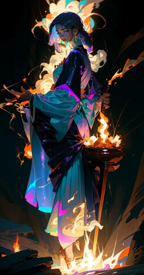 breathing_fire, burning, explosion, fiery_hair, fire, flame, flaming_sword, flaming_weapon, pyrokinesis, campfire, candle, smoke, torch, blue_fire, embers, 1boy, magic, molten_rock, tail-tip_fire, fiery_wings, hitodama, male_focus, japanese_clothes, katana, sword, smoking, long_hair, electricity, solo, sparks, weapon, cigarette, kimono, volcano, candlelight, purple_fire, black_kimono, fireplace, firing, lightning, sheathed, spirit, muzzle_flash<lora:conceptHolographic_holographicClothing:1>